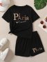 Paris" & The Eiffel Tower Print 2PCS Girls Casual & Comfortable Short Sleeve T-Shirt & Shorts Set Cute Lightweight And Comfy Summer Clothes