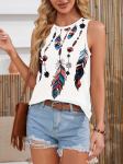 Feather Print Crew Neck Tank Top Casual Sleeveless Tank Top For Summer Women's Clothing