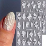 Skeleton Hand 3D Nail Art Stickers Decals 2 Sheets Halloween Embossed Cartoon Bone Patterns Plastic Self-adhesive Nail Embellish