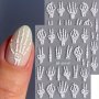 Skeleton Hand 3D Nail Art Stickers Decals 2 Sheets Halloween Embossed Cartoon Bone Patterns Plastic Self-Adhesive Nail Embellishments With Glossy Finish Glitter Accent Single