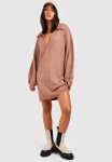 Polo Neck Oversized Knitted Jumper Dress - Camel