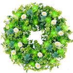 Sggvecsy 18" St. Patrick's Day Shamrocks Wreath For Front Door With 30 Green Lights Artificial Greenery Glittery Clover Wreath