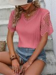 Contrast Lace V Neck Blouse Elegant Short Sleeve Blouse For Spring & Summer Women's Clothing