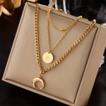 Stainless Steel Golden 3 Layer Moon Pendant Necklace For Men And Women