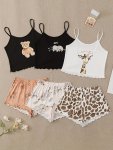 3 Sets Casual Cartoon Print Pajama Set Lettuce Trim Crew Neck Cami Top & Elastic Shorts Women's Sleepwear & Loungewear
