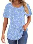 Plus Size Floral Print Pintuck T-Shirt Casual Short Sleeve Top For Spring & Summer Women's Plus Size Clothing