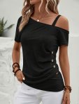 Skew Neck Button Decor T-Shirt Casual Short Sleeve Ruched T-Shirt For Spring & Summer Women's Clothing