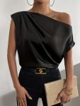 One Shoulder Ruched Loose Blouse Elegant Asymmetrical Solid Blouse For Spring & Summer Women's Clothing