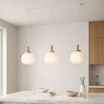 3 Light White Paper Pendant With Wooden Bar Modern Linear Dining Room Ceiling Light