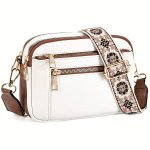 Chic Vintage-inspired Crossbody Bag For Women - Vegan Faux Leather Solid Color Detachable Strap Zip Closure Polyester Lined