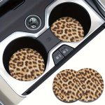 2PCS Leopard Design Absorbent Car Cup Holder Coasters Car Interior Accessories Home Desktop Kitchen Coasters