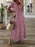Floral Print V-neck Dress Vacation Style Short Sleeve A-line Dress For Spring & Summer Women's Clothing