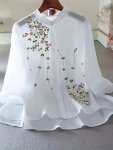 Floral Embroidery Button Front Blouse Casual 3 4 Sleeve Chiffon Blouse For Spring & Summer Women's Clothing