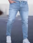 Men's Solid Ripped Denim Pants With Pockets Causal Skinny Cotton Blend Jeans For Outdoor Activities