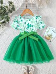 Casual Splicing Shamrock Print Short Sleeve Mesh Dress Tutu Dress For Girls Summer St. Patrick's Day Party