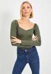 Heart Collar Balloon Sleeve Snap Knit Bodysuit - Khaki