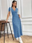 Allover Print V-neck Slim Dress Elegant Short Sleeve Dress For Spring & Summer Women's Clothing
