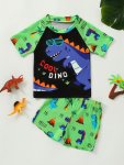 2PCS Cartoon Dinosaur Pattern Swimsuit For Boys T-Shirt & Swim Trunks Set Stretchy Surfing Suit Boys Swimwear For Summer Beach V