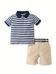2PCS Boys Casual Striped Half Button Short Sleeve Lapel Top & Shorts Set Comfy Summer Boys Clothing