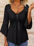 Plus Size Grommet Eyelet Lace Up Top Casual V Neck 3 4 Sleeve Top Women's Plus Sizeclothing