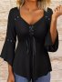 Plus Size Grommet Eyelet Lace Up Top Casual V Neck 3/4 Sleeve Top Women's Plus Sizeclothing