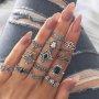 15-PIECE Vintage Bohemian Rings Set Antique Silver Lotus Flower Design Summer Boho Fashionable Statement Ring Assortment For Women