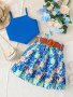 2 Pcs Irregular Ribbed Cami Top + Tropical A-line Skirt Set Casual Comfy Girls Summer Outfit Clothes