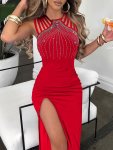 Bag Hip Rhinestone Split Thigh Dress Elegant Sleeveless Dress For Party & Banquet Women's Clothing