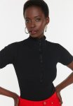 Zippered Fitted sleeved Ribbon Knitted Blouse With A Stand-up Collar Stretch - Black