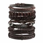Manfnee 6PCS Braided Faux Leather Bracelet Punk Cuff Wrap Bracelets For Men Women Adjustable Brown