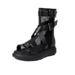 Bapolee Black Leather Mesh Open Toe Flat Platform Sandals With Buckle Strap Casual Travel Back Zipper Mesh Cool Ankle Boots Blac