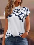 Floral Print Mock Neck T-Shirt Casual Short Sleeve T-Shirt For Spring & Summer Women's Clothing