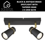 Black & Antique Brass Spotlight With Tapered Head - 2 X 25W GU10