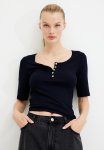 Ribbed Henley Top - Navy Blue