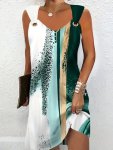 Color Block Ring Linked Dress Casual Sleeveless V Neck Dress For Spring & Summer Women's Clothing