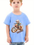 Cute Cartoon Motorcycle Driver Print T-shirt- Engaging Visuals Casual Short Sleeve T-shirts For Boys - Cool Lightweight And Comf