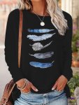 Feather Print T-Shirt Casual Crew Neck Long Sleeve Top Women's Clothing