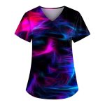 Scrubs For Women V Neck Short Sleeve Printed Tops Cartoon Pattern Plus Size Nursing With Pockets Blues XL