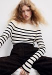 Rib-knit Boat-neck Top - Cream Striped