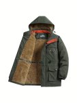 Warm Fleece Flap Pocket Jacket For Fall Winter Men's Casual Windbreaker Jacket With Detachable Hat For Outdoor Climbing Camping