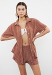 Two Piece Oversize Shirt & Short Set - Brown
