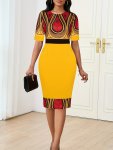 Graphic Print Bodycon Crew Neck Dress Casual Short Sleeve Dress For Spring & Summer Women's Clothing