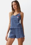 Textured Embroidered Rope Strap Knitted Pajama Set - Blue