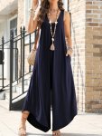 Solid Color Pocket Jumpsuit Casual V Neck Wide Leg Jumpsuit For Spring & Summer Women's Clothing