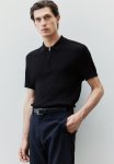 Slim Fit Cable-knit Polo Shirt - Black