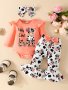 Cute Cow Graphic Baby Girls 3PCS Outfit - Long Sleeve Romper + Bowknot Flared Trousers Set With Free Headband