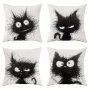 4PCS Set Of Velvet Throw Pillow Covers - Cute & Funny Cat Design In Black And White 45.72X45.72 Cm - Perfect For Living Room