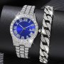 Glamorous 2PCS Set: Rhinestone Quartz Watch With Alloy Strap & Bracelet - Shockproof Swiss Movement Analog Display For Men