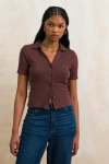 Ribbed Button-through Golfer - XL Brown