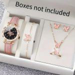 1 6PCS SET Girls Elegant Butterfly Rhinestone Analog Quartz Wristwatch & Jewelry Set Gift For Daughter